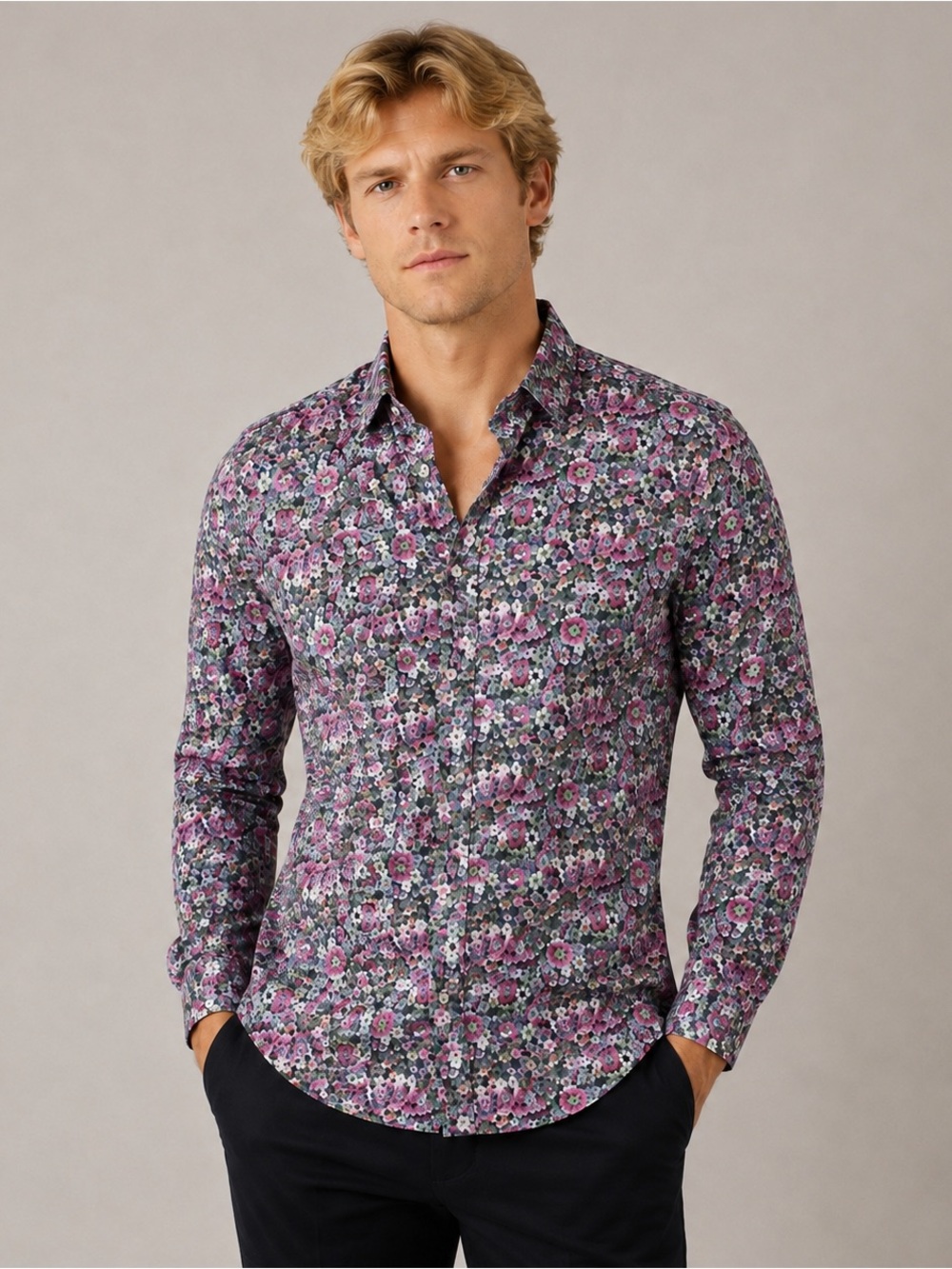 Grand Frank Stockholm Multi Floral Rose Print Dress Shirt Mens Size 15.5 Slim
